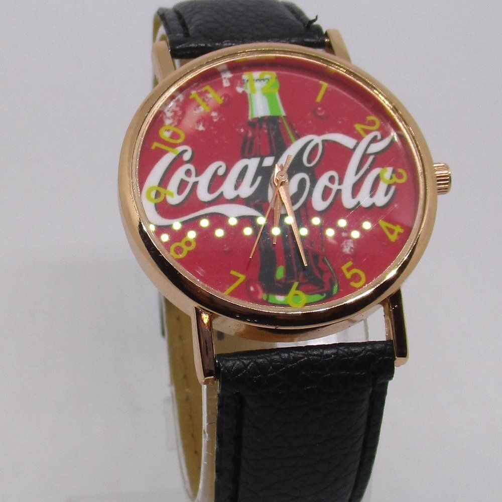 Coca Cola Watch Faux Leather Black Band Gift Box